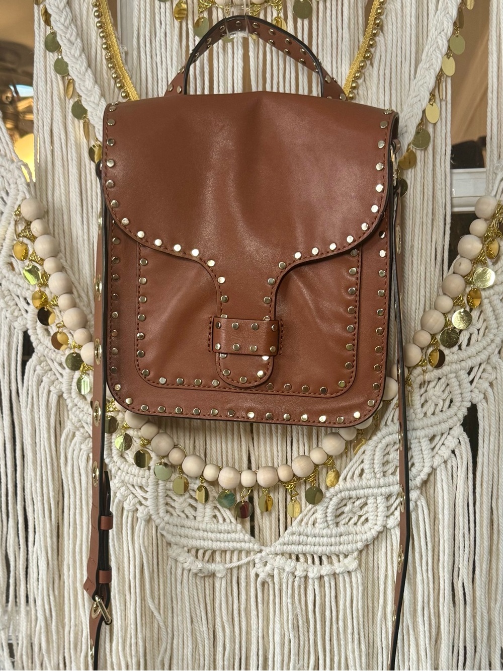 NEW Rebecca Minkoff Brown‎ Studded Leather Crossbody Bag Purse Gold grommets